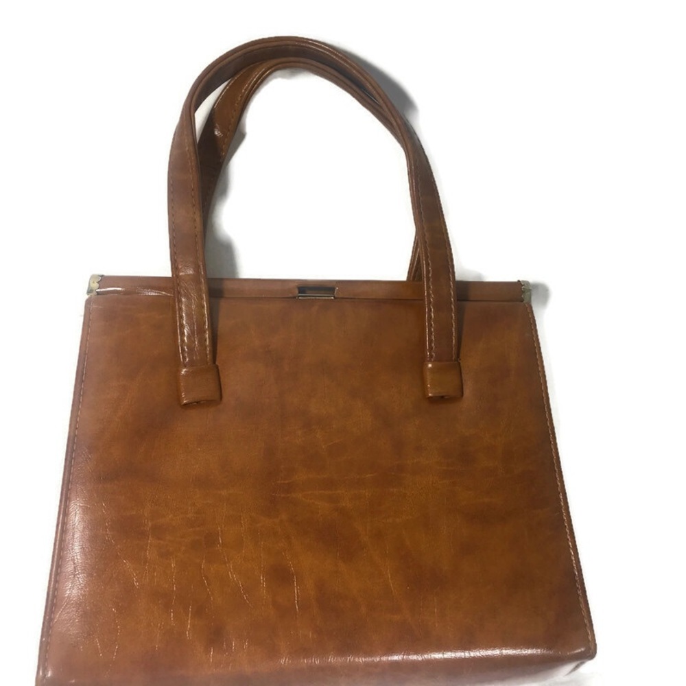 Vintage Brown Tan Handbag Brass Frame Purse Top Clasp - Picture 2 of 8